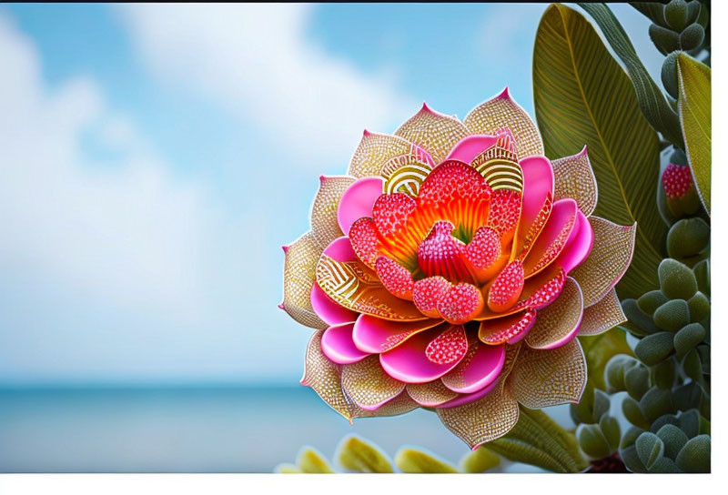 Colorful Lotus Flower Illustration Against Blue Sky and Ocean