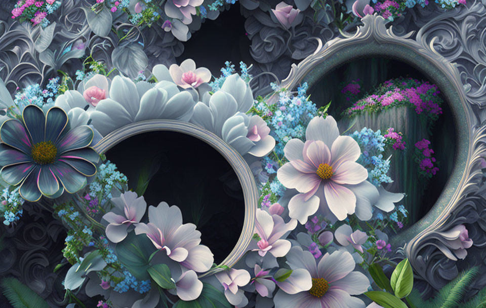 Floral-themed artwork with ornate frames and pink & blue petals on dark background