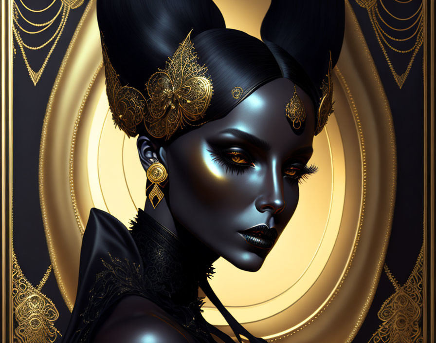 Dark-Skinned Woman with Golden Eyes in Ornate Gold Jewelry