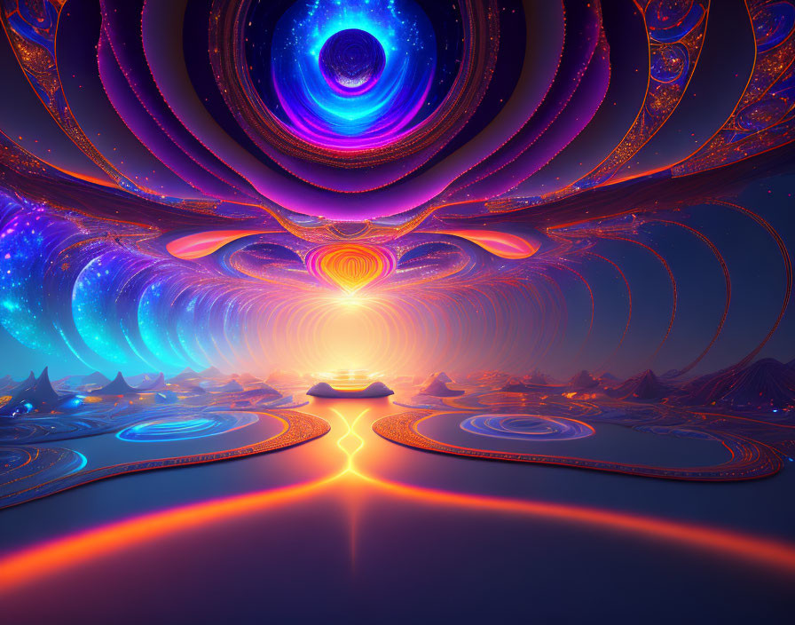 Fractal cosmic landscape with swirling patterns and glowing orb