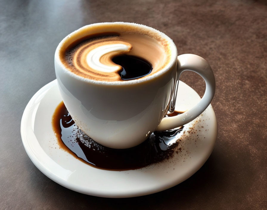 White Cup of Coffee with Heart Latte Art Overflowing on Saucer