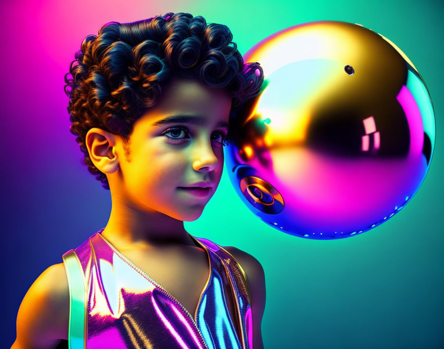 Curly-Haired Boy Observing Levitating Metallic Sphere on Colorful Background