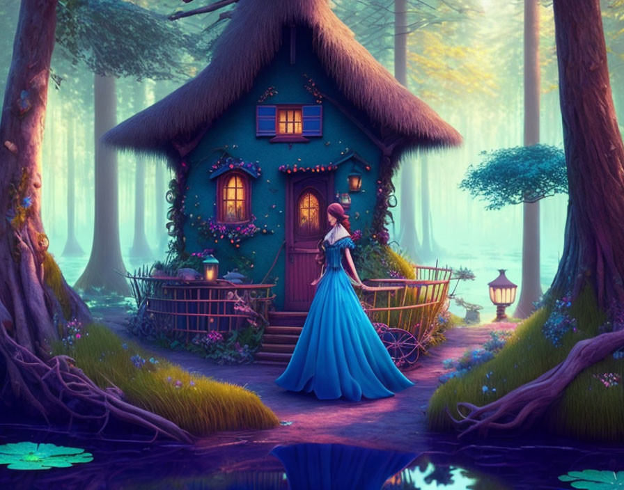 Woman in Blue Dress Outside Thatched-Roof House in Mystical Forest