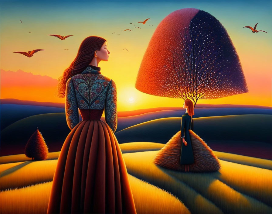 Detailed Dress Woman in Surreal Landscape at Sunset with Glowing Tree