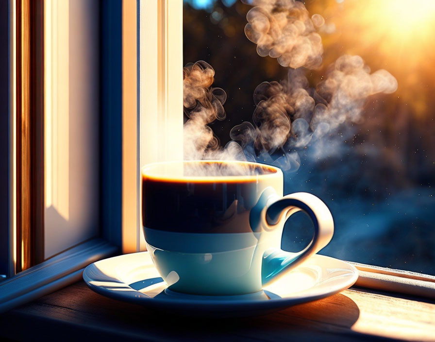 Steaming Cup of Coffee on Sunlit Windowsill