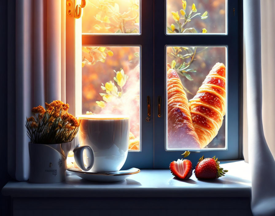 Cozy windowsill scene with coffee, croissant, strawberries, garden view at sunrise