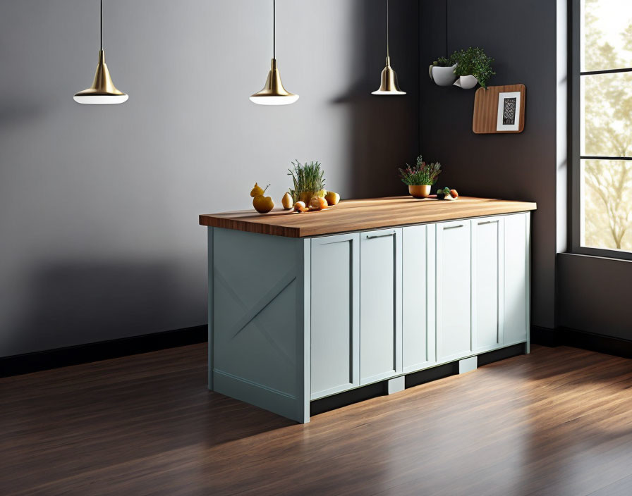 Wooden top modern kitchen island with pale blue cabinets, pendant lights, and decorative plants.