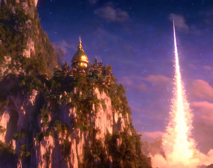 Golden dome on cliff under twilight sky with stars and comet or rocket launch