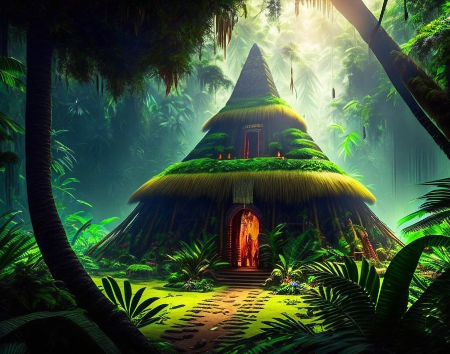 Thatched Roof Mystic Hut in Vibrant Green Forest