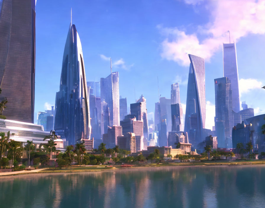 Sleek skyscrapers in futuristic cityscape with tranquil waterfront