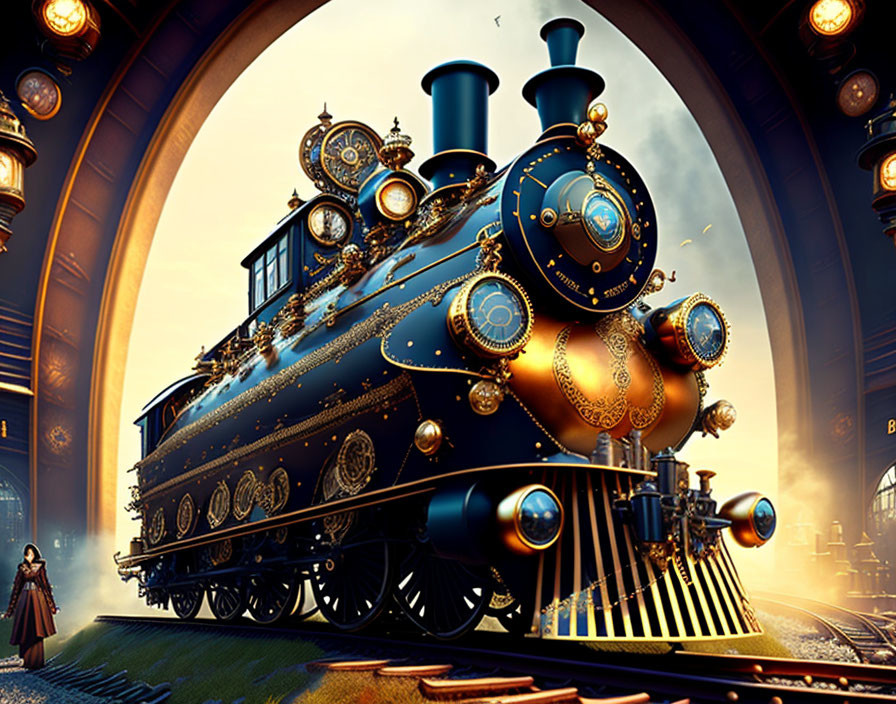 Steampunk-inspired train with golden details at a platform.