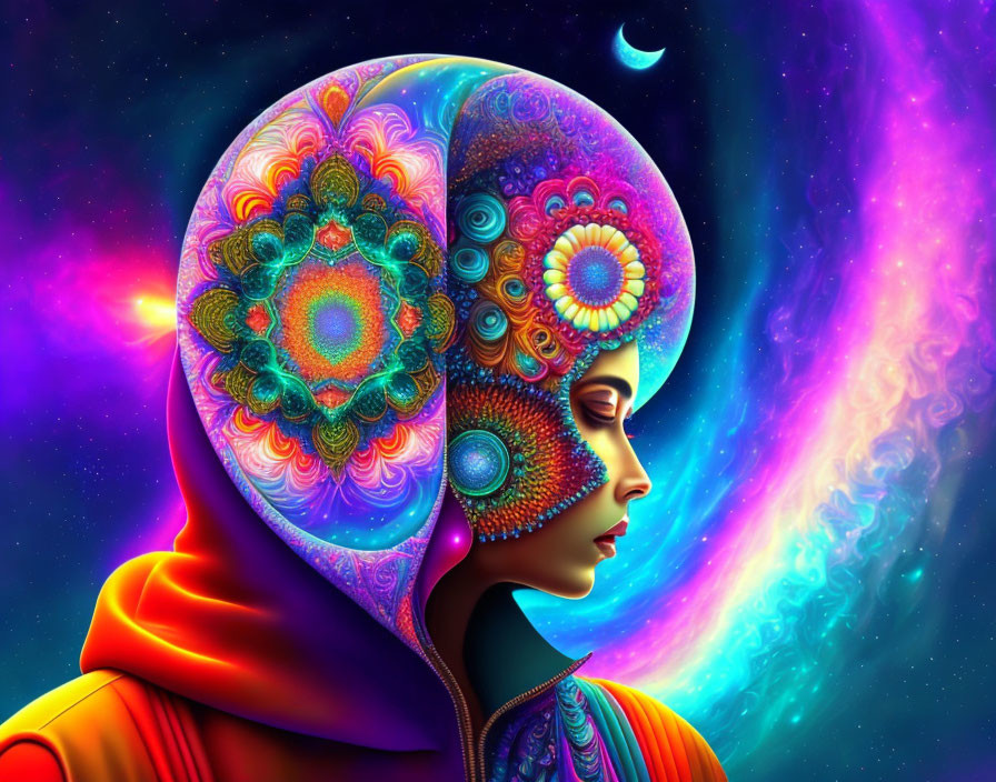 Colorful digital artwork: Profile person with psychedelic pattern on head, cosmic backdrop, crescent moon