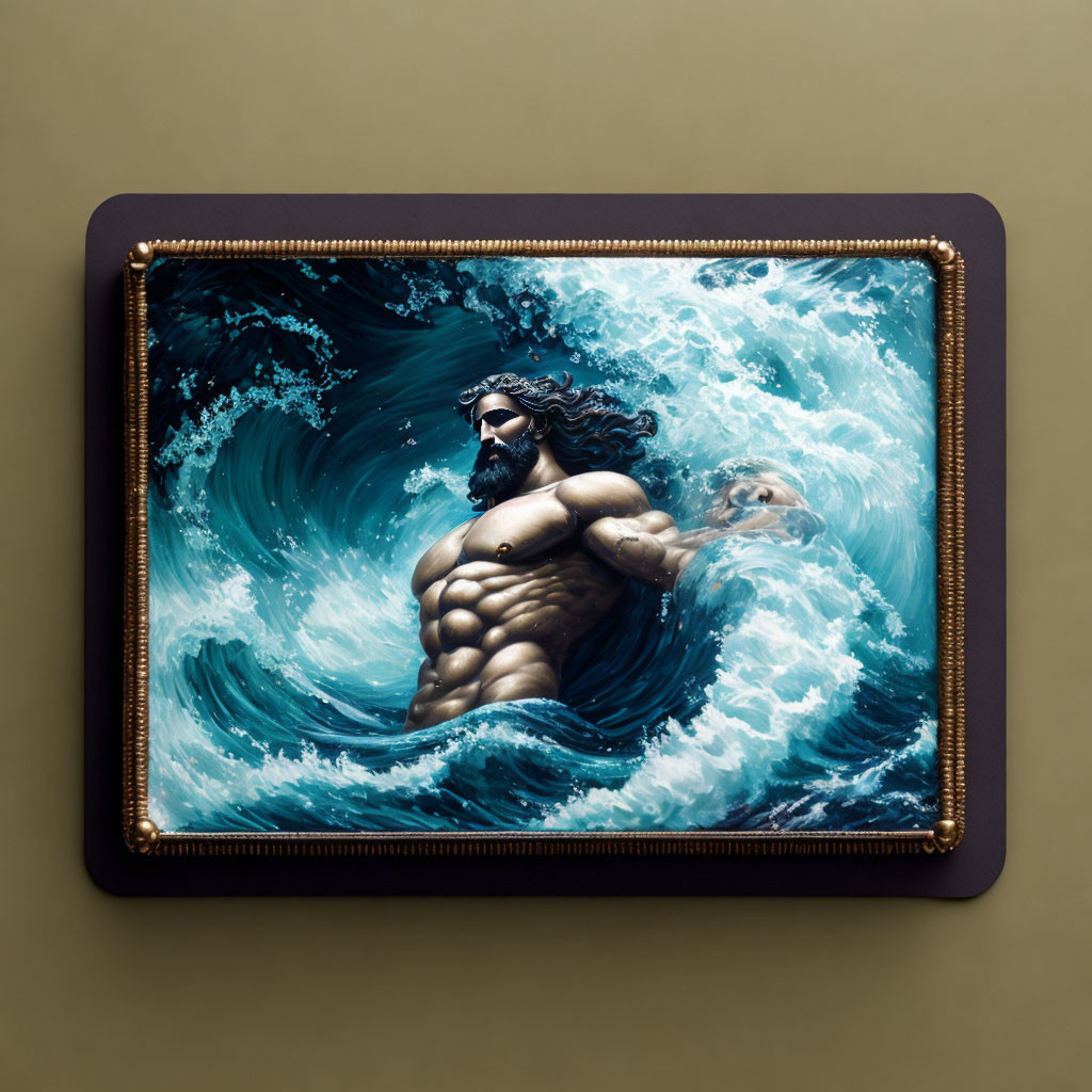 Digital artwork: Muscular man with flowing hair in ocean waves - mythological theme