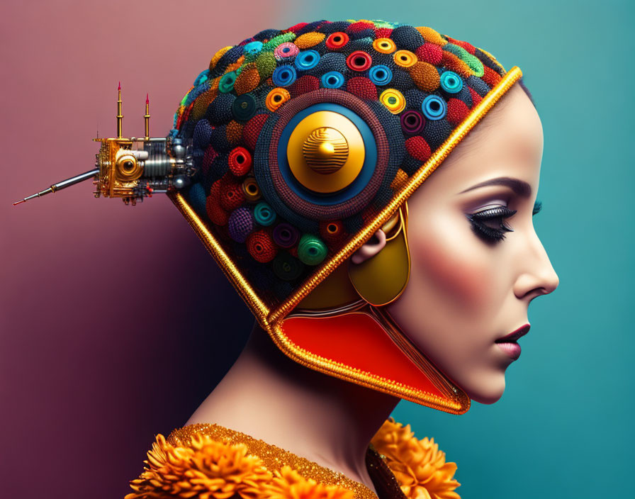 Colorful futuristic headgear on woman against gradient background