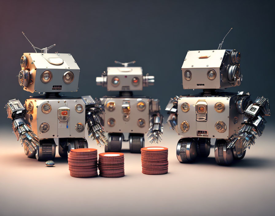 Stylized humanoid-faced robots with multiple arms and coins on a dusky background