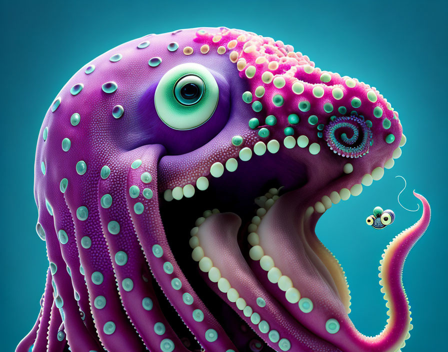 Colorful Purple Octopus with Large Eye and Detailed Suction Cups Confronting Small Creature