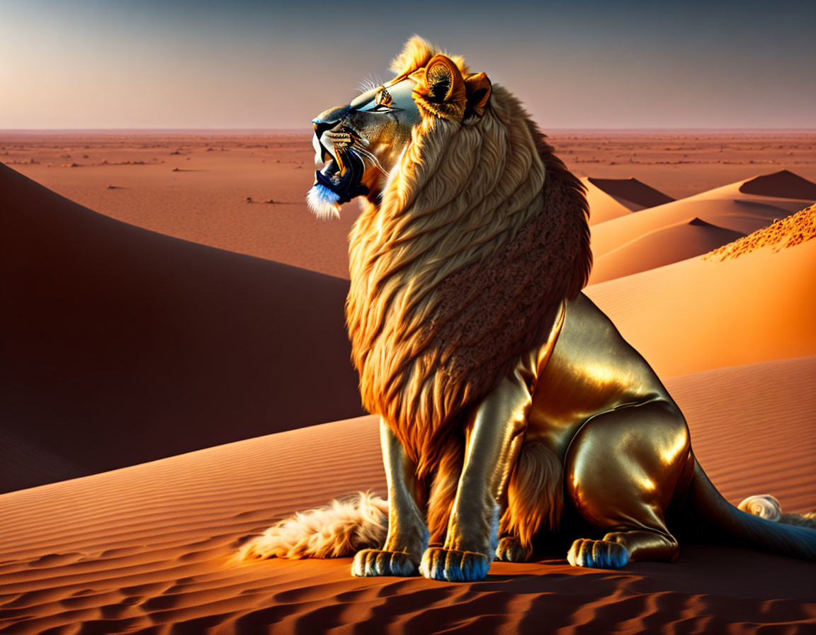 Golden-maned lion on desert sand dune at sunset.