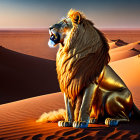 Golden-maned lion on desert sand dune at sunset.