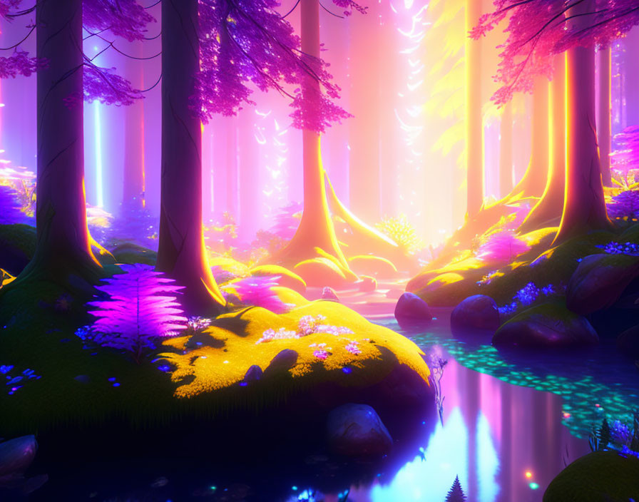 Enchanting forest scene with glowing trees and luminous flora