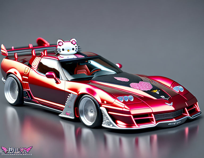 Red Hello Kitty-themed Sports Car with Custom Graphics on Gray Background