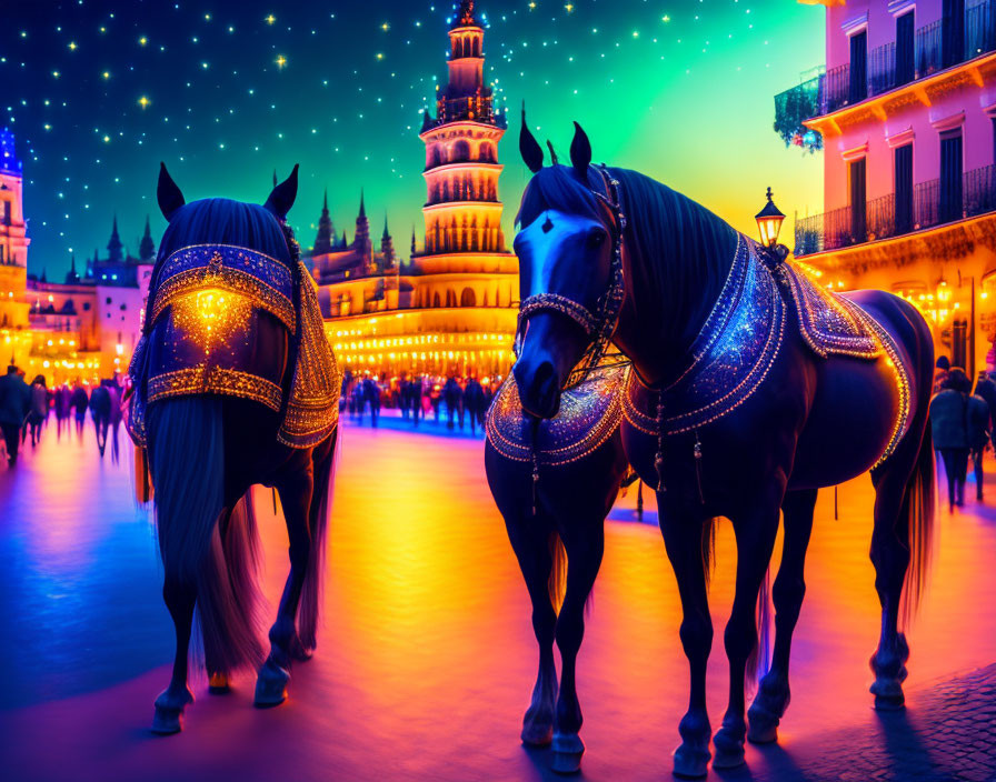 Sparkling Decorated Horses in Vibrant City Square Night Scene