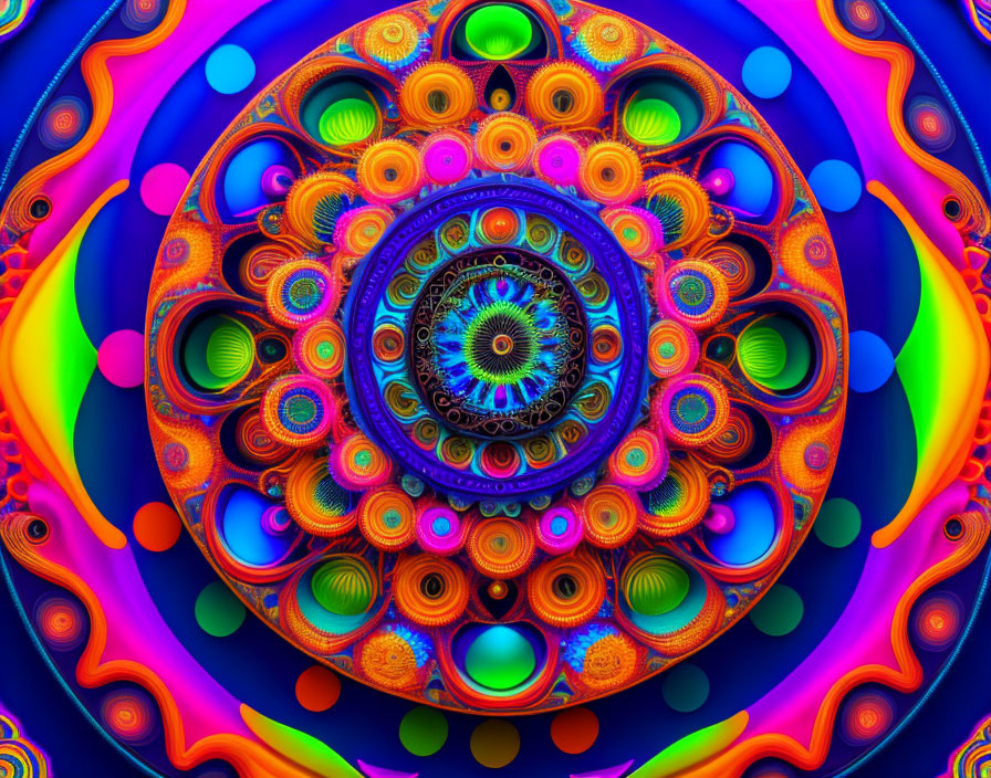 Colorful fractal image with concentric circles and intricate patterns