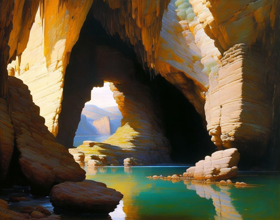 Sunlit cave with water body and canyon walls reflecting light