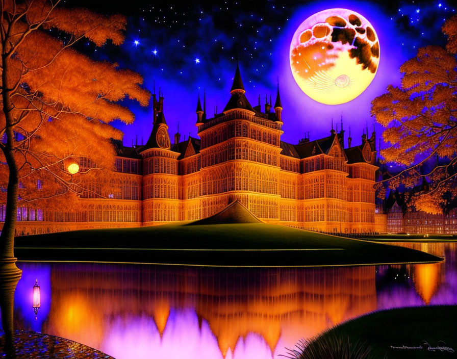 Fantasy castle night scene with glowing moon and stars