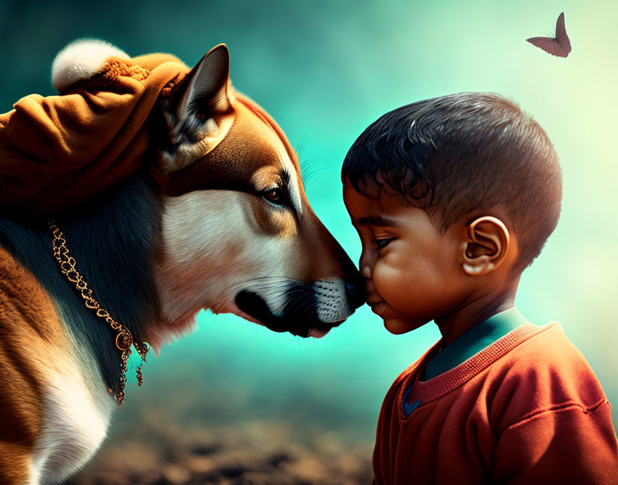 Child and dog touching noses with butterfly in soft-focus background