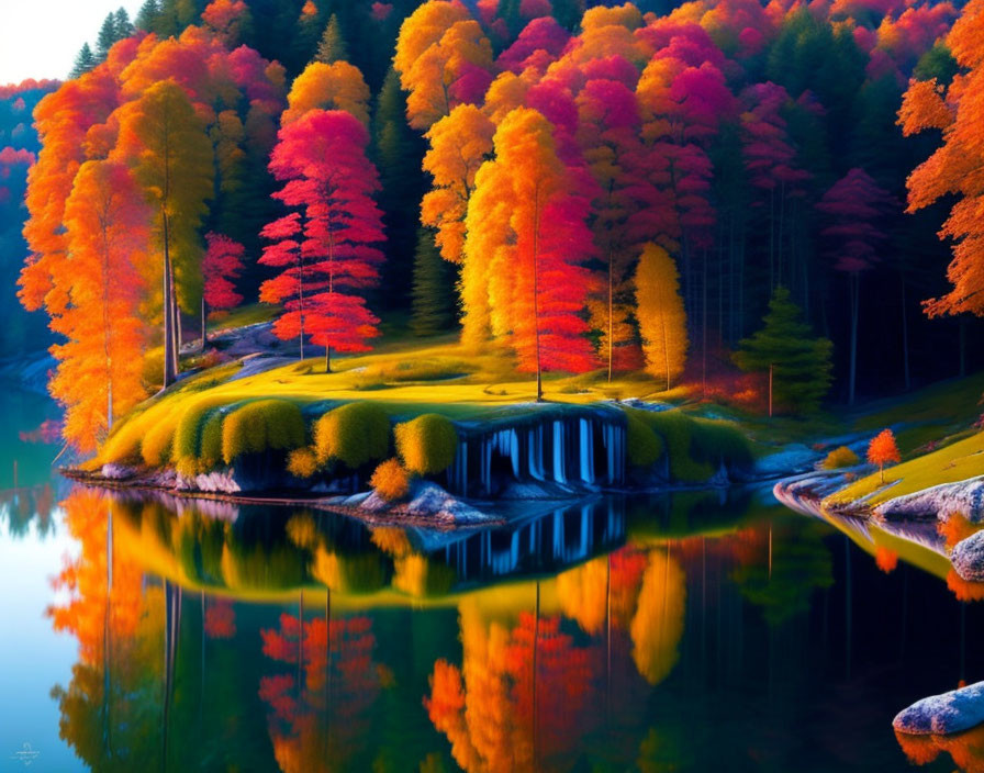 Autumn forest reflected in serene lake with waterfall.