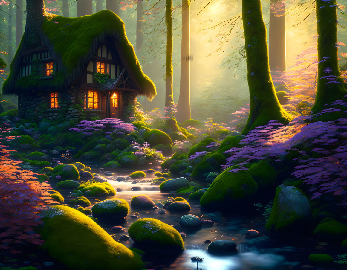 Enchanted forest scene: Thatched roof cottage by serene stream