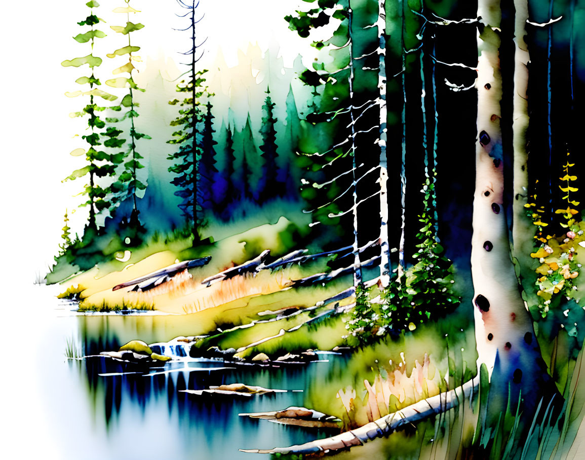 Serene forest scene with lush trees and stream