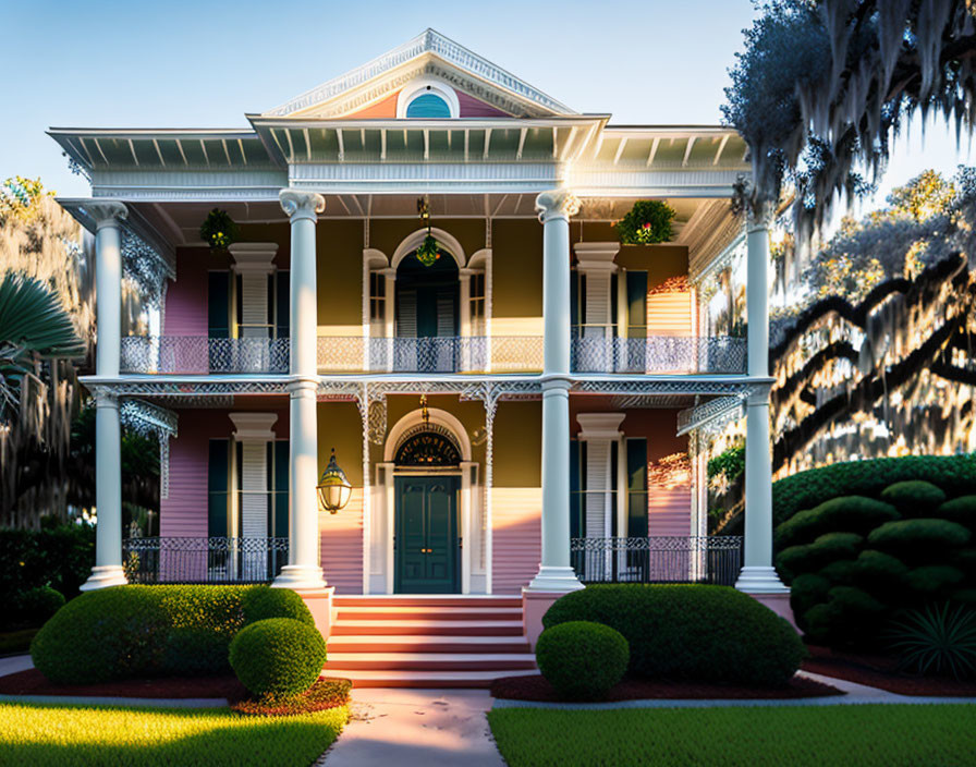 Symmetrical two-story house with pink and white exterior, front porch, balcony, trees, dusk sky