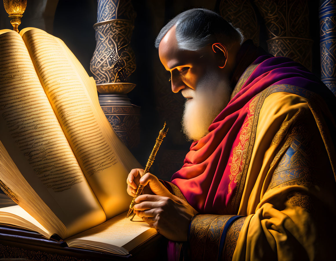 Bearded scholar in red and gold robe writing with quill pen