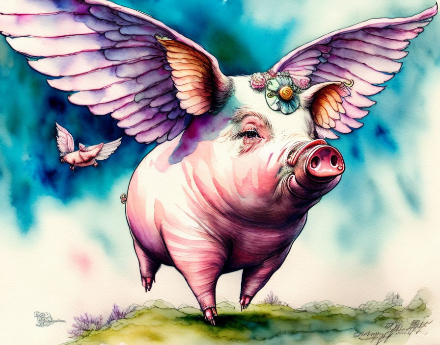 Whimsical flying pig illustration with feathered wings on grass against blue and purple sky