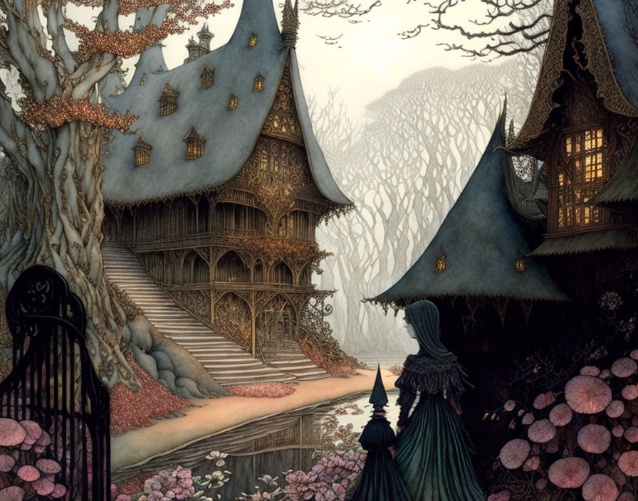 Illustration of cloaked figure at gated entrance to whimsical house in eerie forest