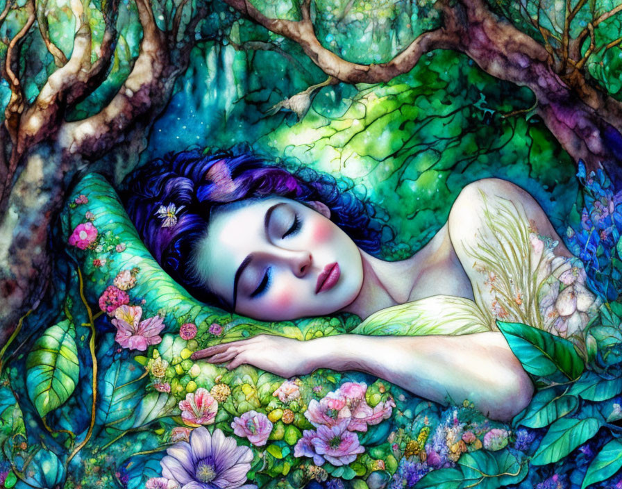 Vibrant woman resting in colorful flower-filled woodland