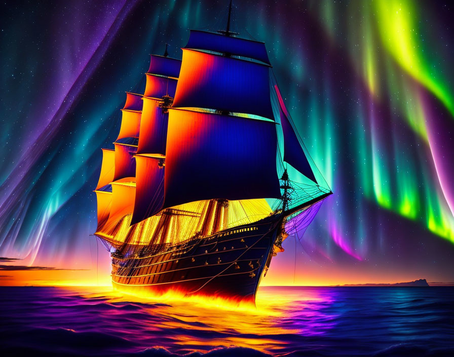 Colorful sailboat on sea at sunset with aurora borealis