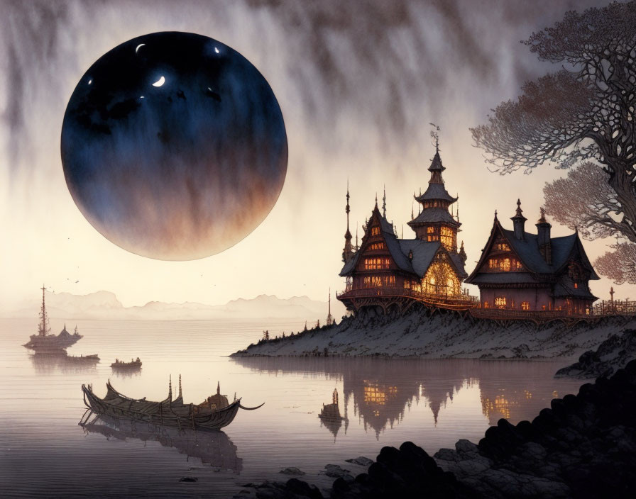 Moonlit waterfront scene with traditional buildings, boats, and surreal ambiance.