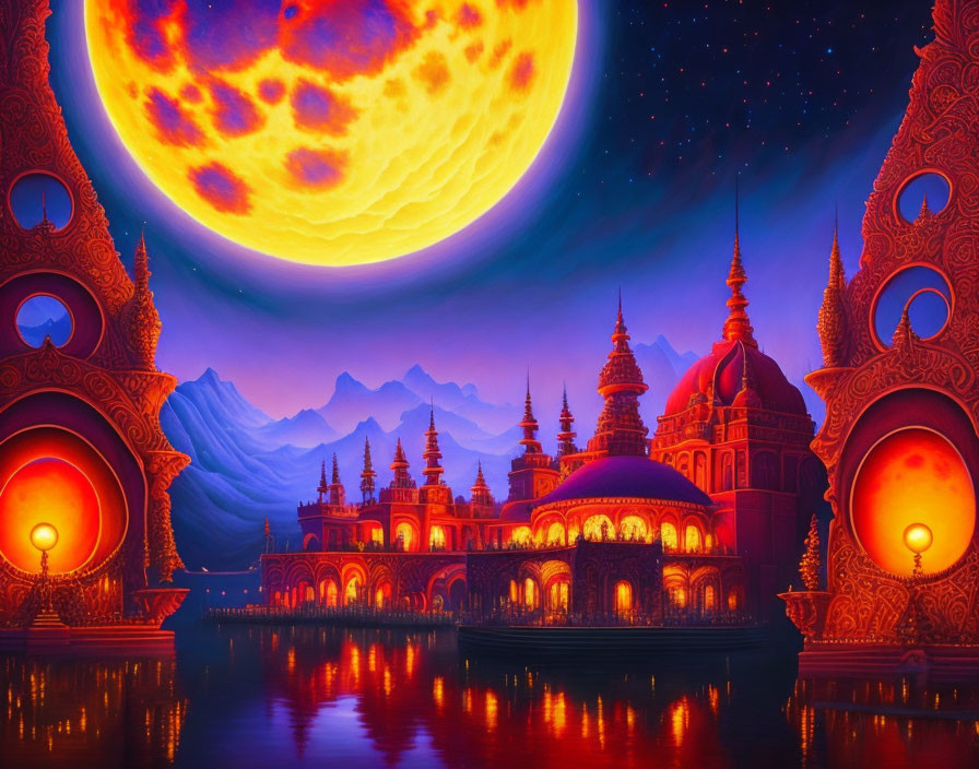 Colorful artwork of ornate buildings by reflective water under starlit sky