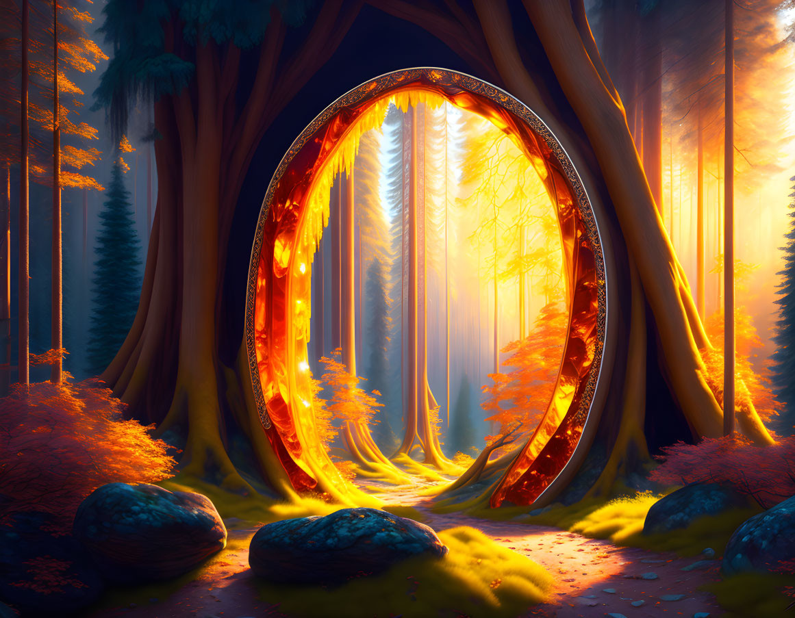 Enchanting forest scene with glowing circular portal and autumnal landscape