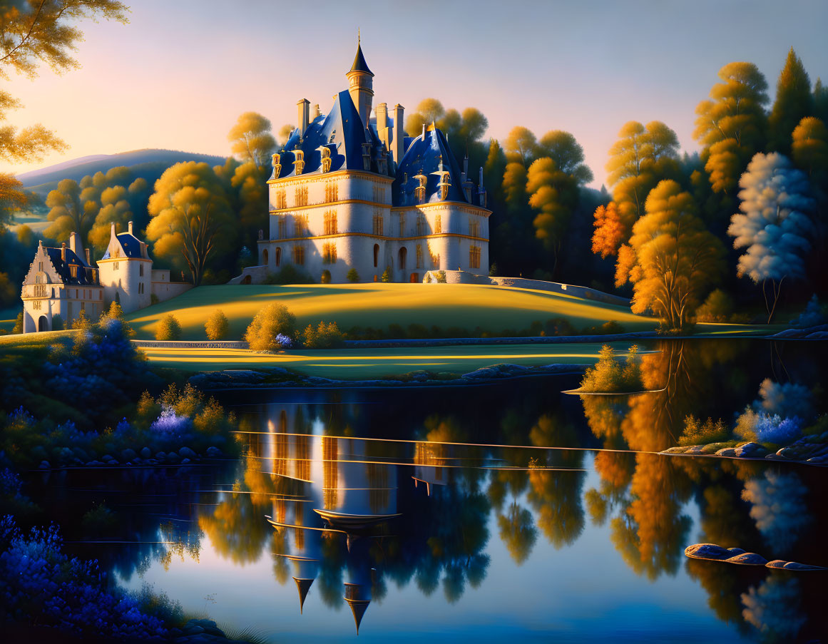 Fairytale castle at sunset with autumn trees reflected in lake