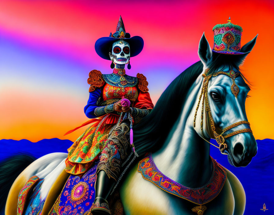 Vibrant Skeleton in Mexican Attire Riding Horse at Sunset
