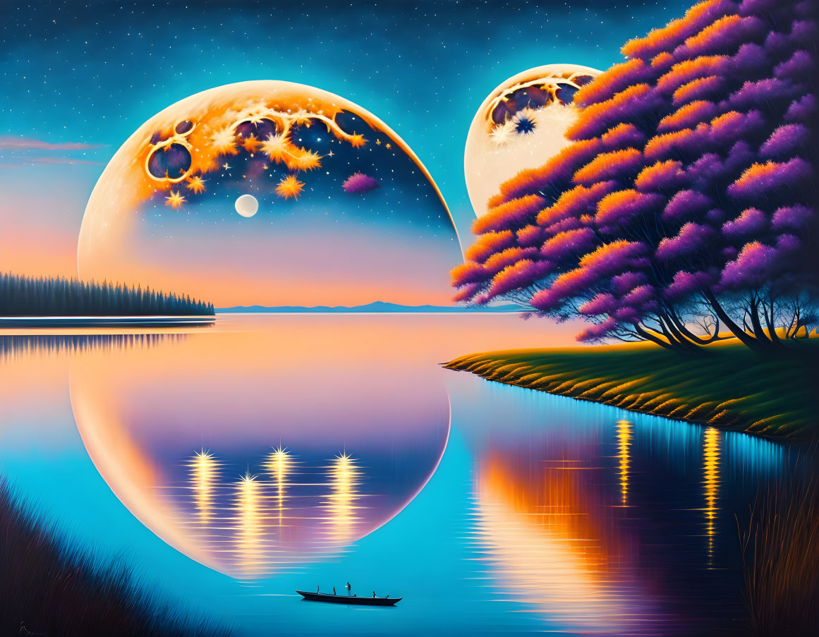 Artwork: Oversized moons, serene lake, boat, cherry blossom tree in fantasy landscape