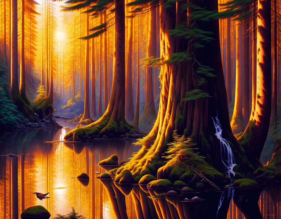 Tranquil Forest Scene with Towering Trees and Sunlight at Sunrise