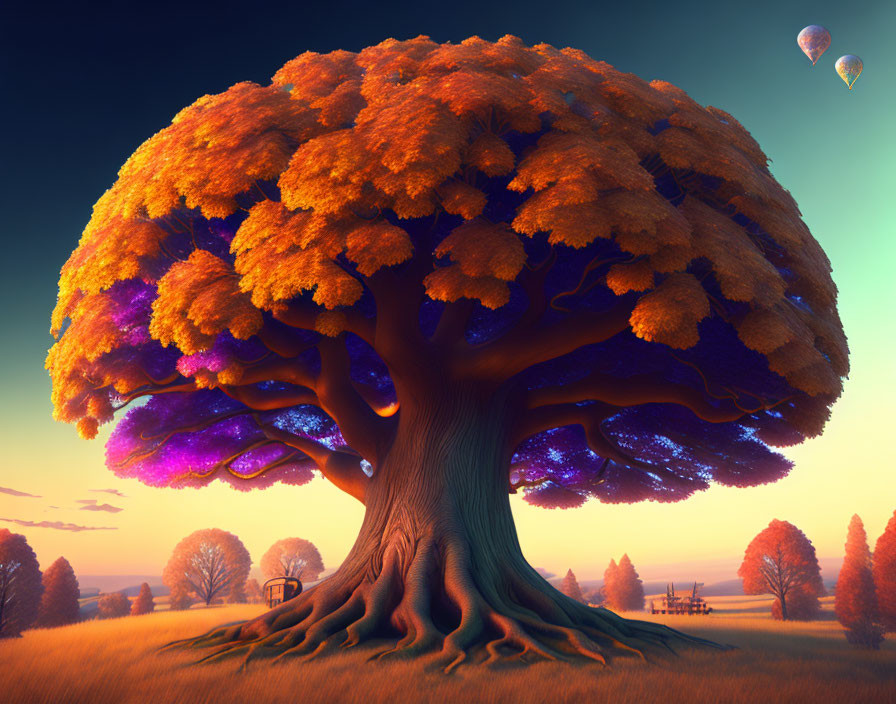 Colorful tree with orange canopy and purple underside in sunset sky with hot air balloons