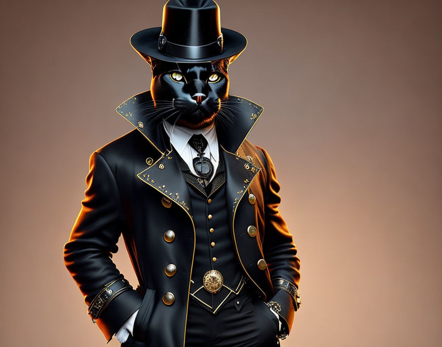 Elegant anthropomorphic black cat in vintage attire