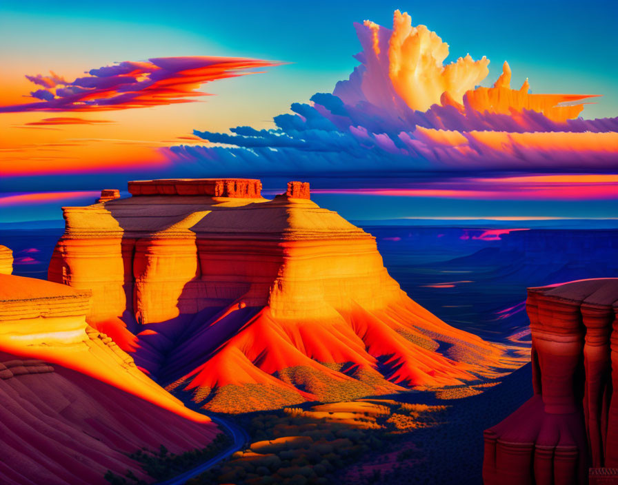 Colorful sunset over layered sandstone formations with reds and oranges against blue shadows and radiant clouds.