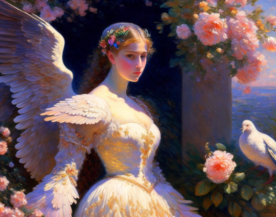 White-winged angel with flower crown among roses and dove in serene sky scene