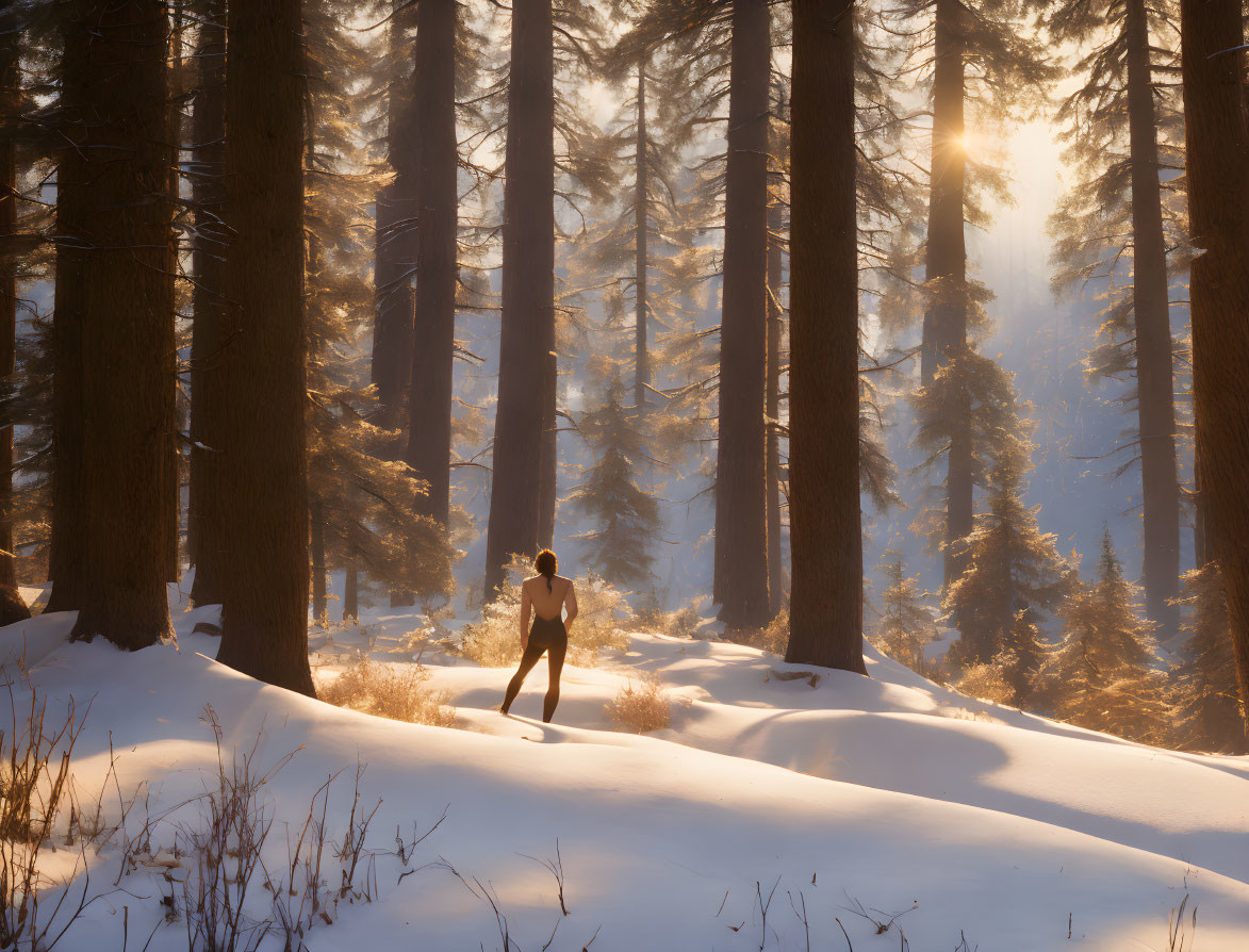 Person in Snowy Forest with Tall Trees and Sunlight Glow